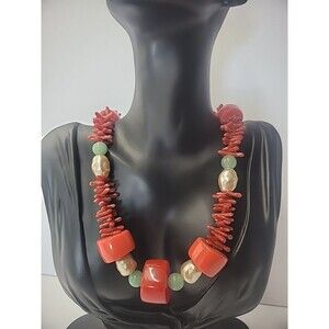 Vintage Kenneth Jay Lane Designer Necklace Red White Beaded Green Gold Tone